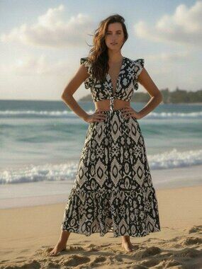 Steve Madden Black & Ivory Tie-Front Maxi Dress Size L